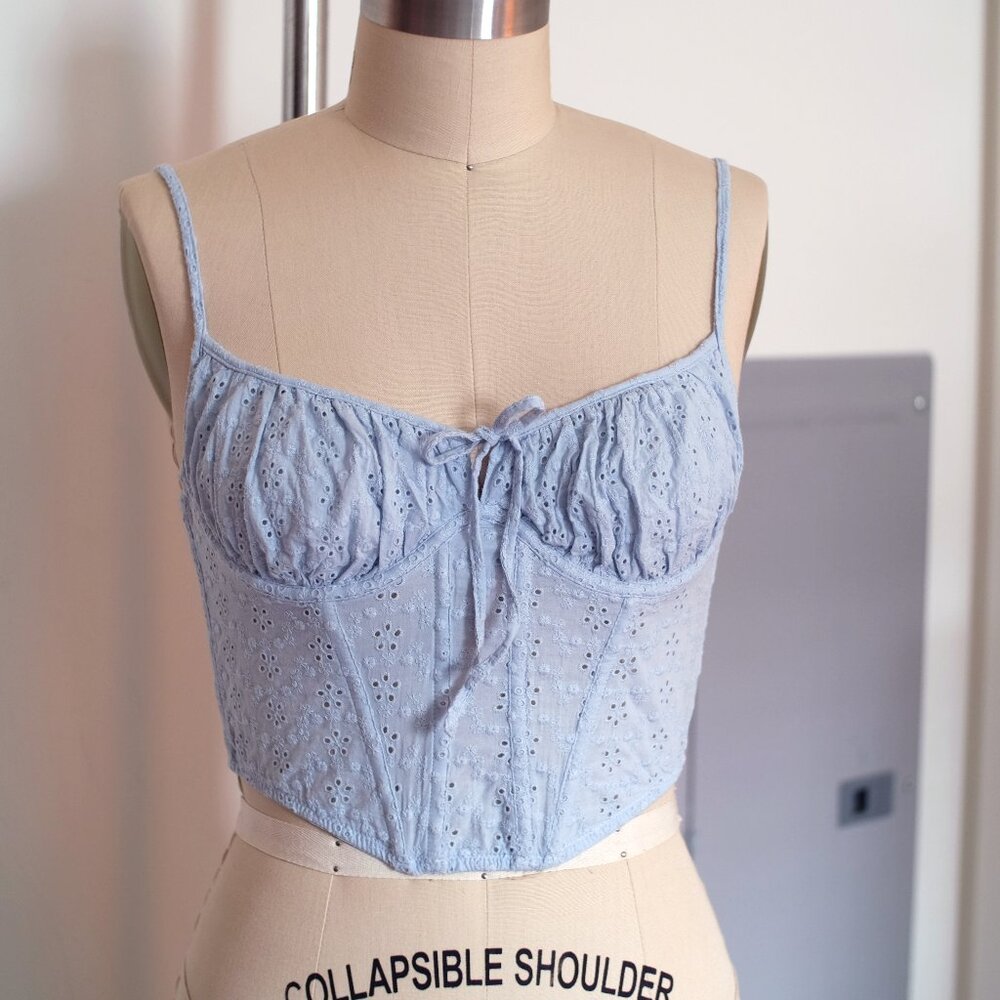 Out From Under Devon Eyelet Cropped Corset - Light Blue, Size Medium
